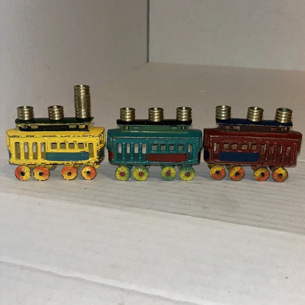 Vintage Kids Menorah Cars Train Hanukkah‎ Judaica Trolley Cast Iron Brass D4